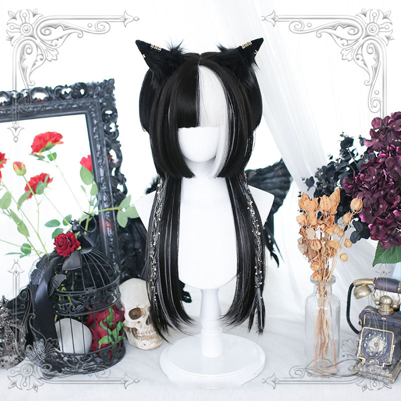 Lolita Black Mixed White Long Straight Cosplay Wig