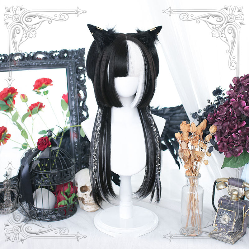 Lolita Black Mixed White Long Straight Cosplay Wig