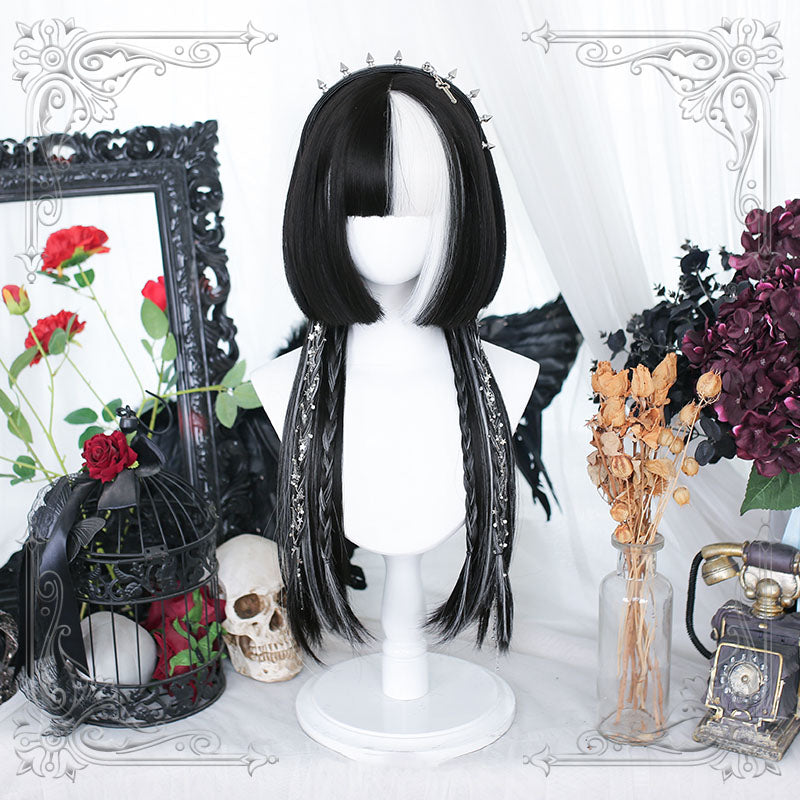 Lolita Black Mixed White Long Straight Cosplay Wig