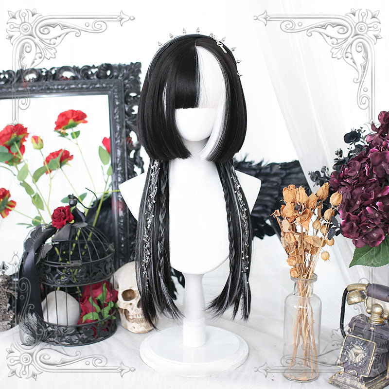 Lolita Black Mixed White Long Straight Cosplay Wig