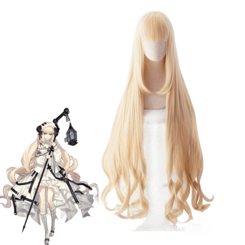 110cm Long Blonde Curly Arknights Nightingale Cosplay Wigs with Flat Bang - lemailwigs