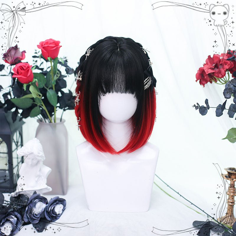 30cm Short Black Mixed Red BoBo Lolita Cosplay Wig - lemailwigs