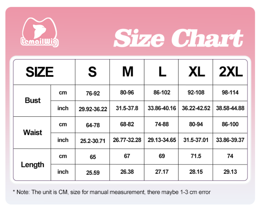 【48HR SHIP】L-email Wig Christmas Party Girls Cosplay Dresses Size Chart