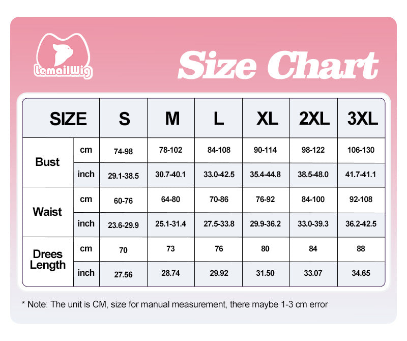 【48HR SHIP】L-email Wig Re: ZERO -Starting Life in Another World Rem Ram Fanart Christmas Cosplay Costume Size Chart