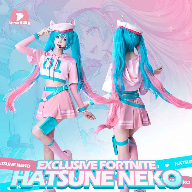 【48H SHIP】L-email Wig Exclusive Hatsune Miku Fortnite Neko Pink Cosplay Full Set