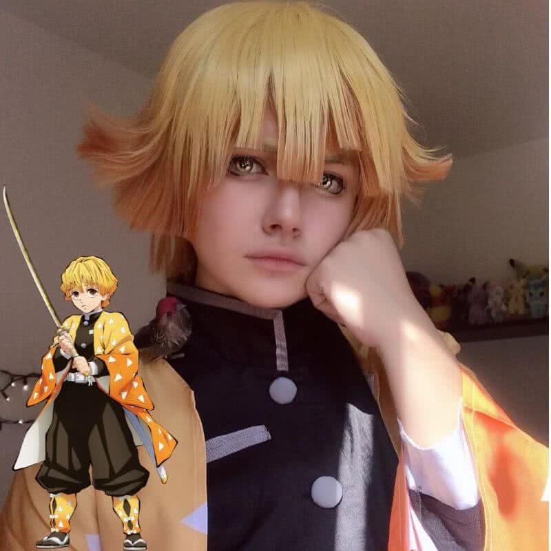 【48HR SHIP】Demon Slayer / Kimetsu no Yaiba Agatsuma Zenitsu Short Orange Gradient Men Cosplay Wigs - lemailwigs