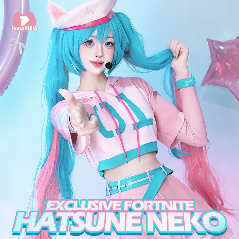 【48HR SHIP】L - email Wig Exclusive Hatsune Miku Fortnite Neko Pink Cosplay Full Set - lemailwigs