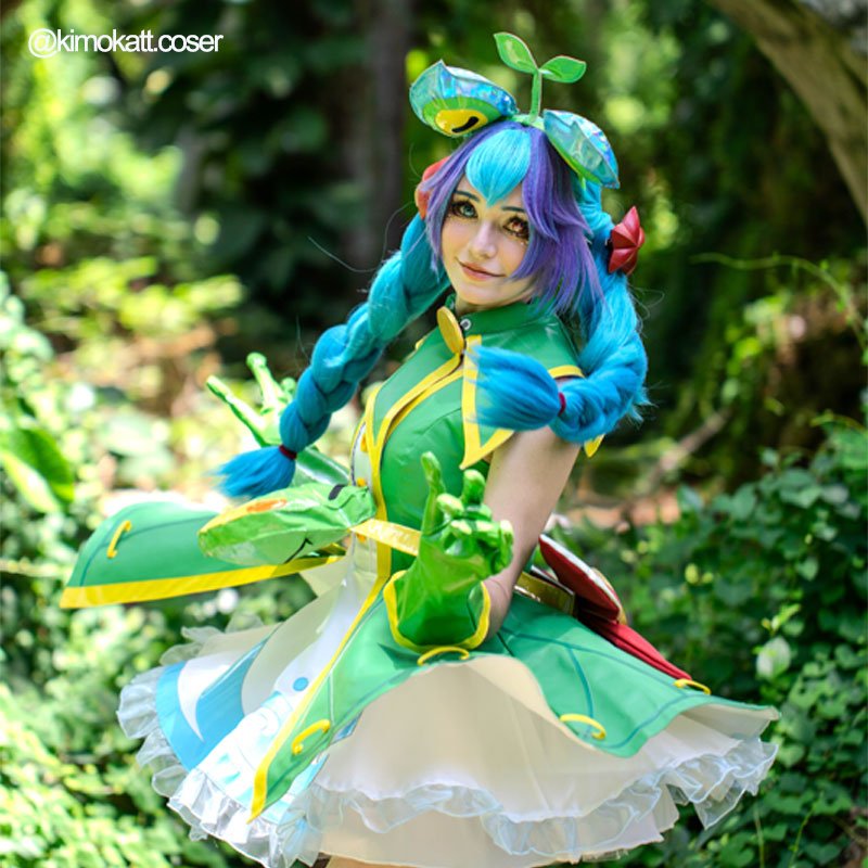 【48HR SHIP】League Of Legends Rain Shepherd Gwen Green Cosplay Costume Wig Set - lemailwigs