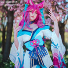 【48HR SHIP】LOL Spirit Blossom Ahri Long Curly Pink Gradient Cosplay Wigs With Ears - lemailwigs