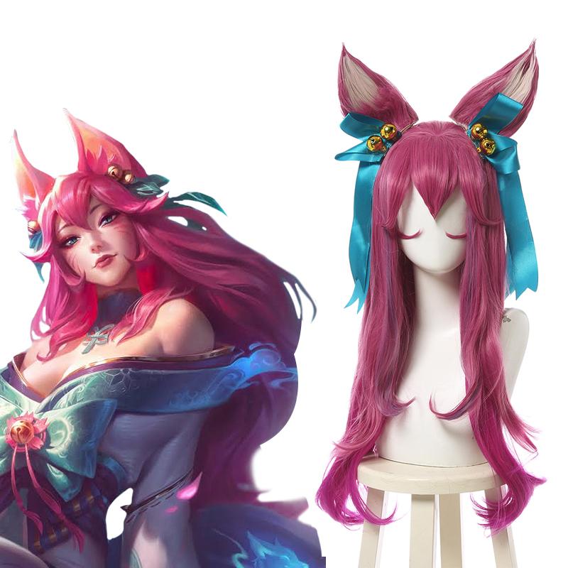 【48HR SHIP】LOL Spirit Blossom Ahri Long Curly Pink Gradient Cosplay Wigs With Ears - lemailwigs