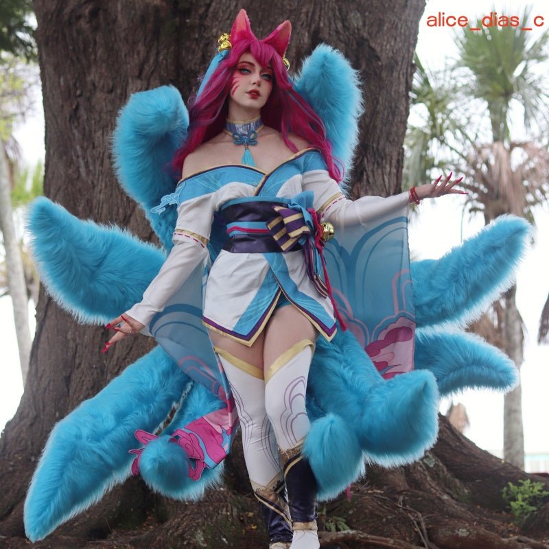 【48HR SHIP】LOL Spirit Blossom Ahri Long Curly Pink Gradient Cosplay Wigs With Ears - lemailwigs