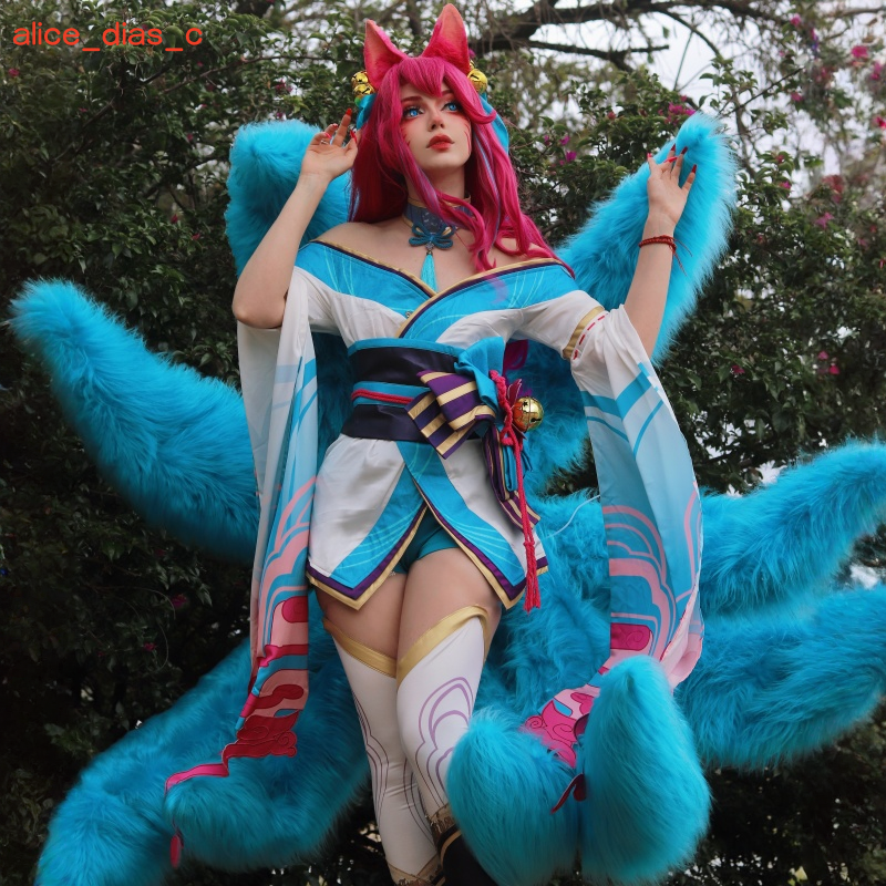【48HR SHIP】LOL Spirit Blossom Ahri Long Curly Pink Gradient Cosplay Wigs With Ears - lemailwigs