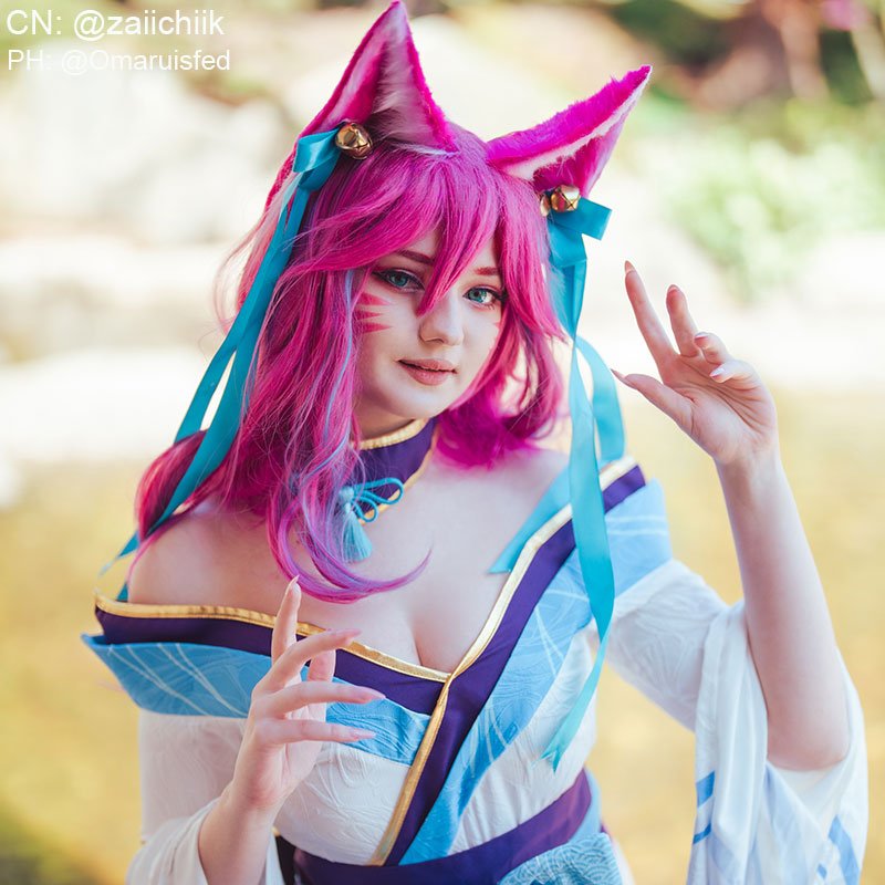 【48HR SHIP】LOL Spirit Blossom Ahri Long Curly Pink Gradient Cosplay Wigs With Ears - lemailwigs
