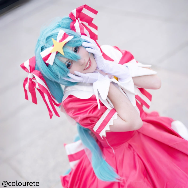 L-email Wig Hatsune Miku Retry Now Pink Dress Magical Cosplay Costume Wig Full Set