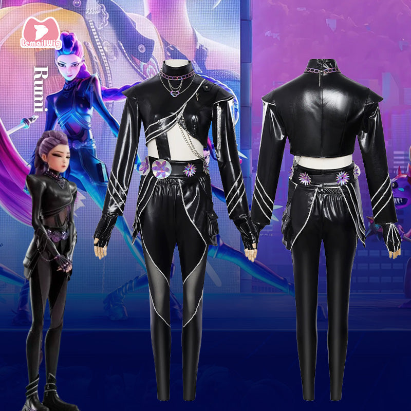 L-email Wig Huntr/X Kpop Demon Hunter Rumi Black Leather Combat Cosplay Costume And Wig Full Set08