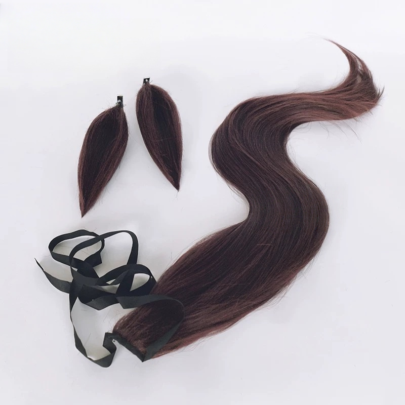 L-email Wig Pretty Derby Rice Shower Brown 75cm Cosplay Wig And Tail Ears 07