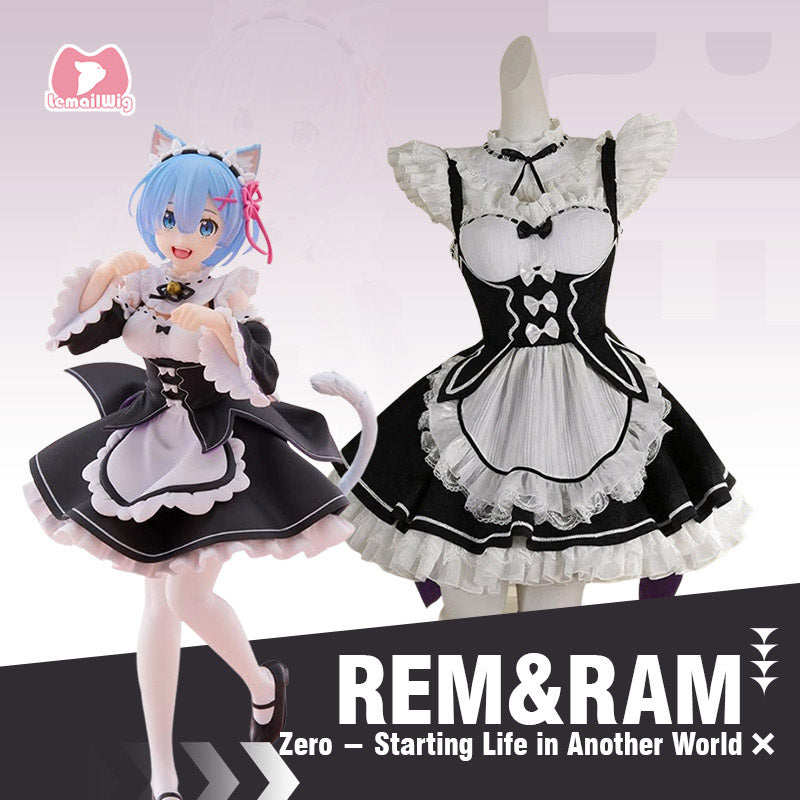 L-email Wig Re:Zero Rem Ram Maid Dress Cosplay Costume