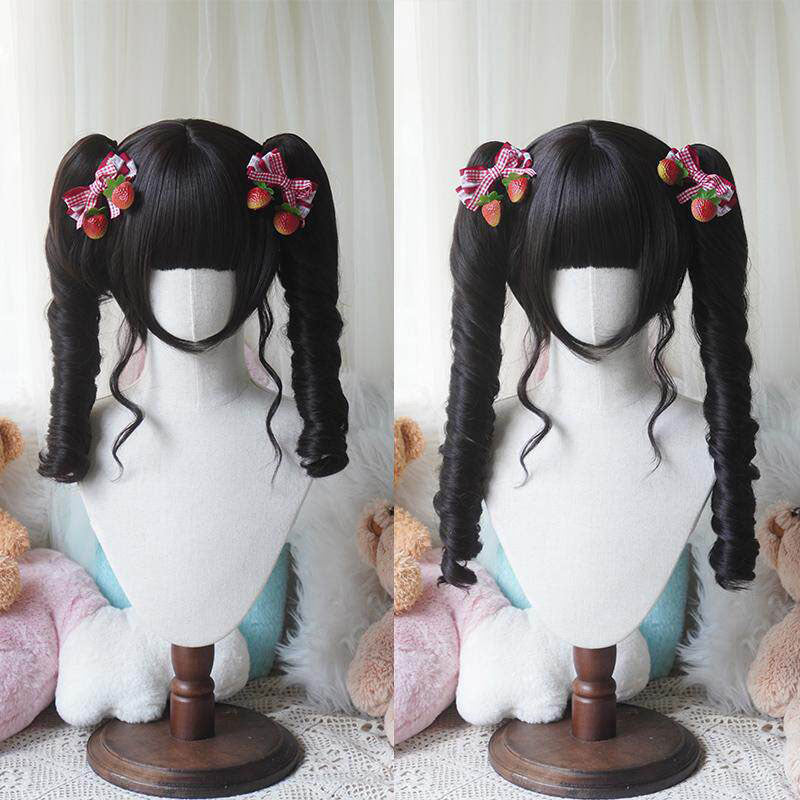L-email Wig Sweet Lolita Long Twin Pigtail Spiral Curls Black Wig with Bangs - Synthetic Ringlet Cosplay Wig