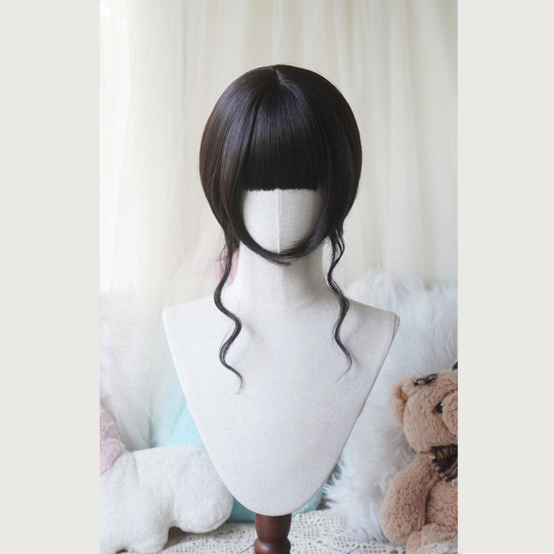 L-email Wig Sweet Lolita Long Twin Pigtail Spiral Curls Black Wig with Bangs - Synthetic Ringlet Cosplay Wig