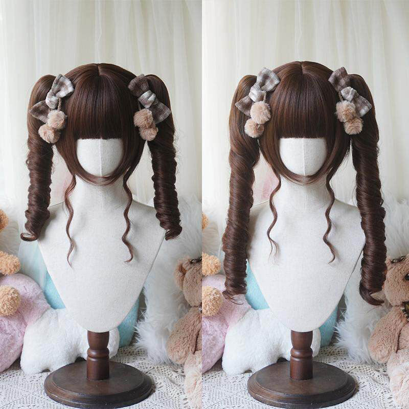 L-email Wig Sweet Lolita Long Twin Pigtail Spiral Curls Brown Wig with Bangs - Synthetic Ringlet Cosplay Wig