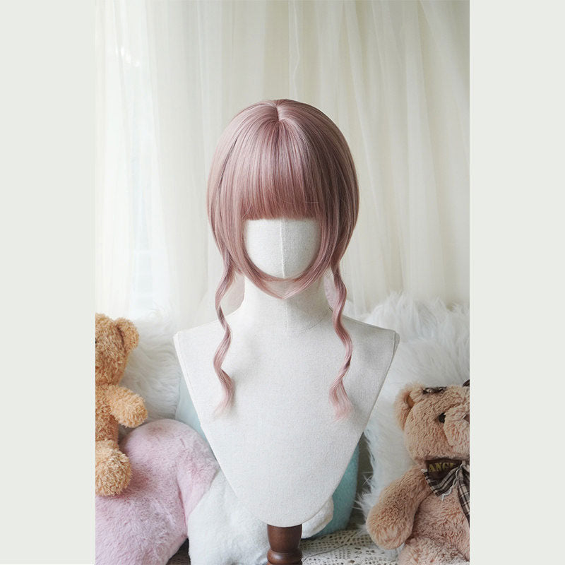 L-email Wig Sweet Lolita Long Twin Pigtail Spiral Curls Pink Wig with Bangs - Synthetic Ringlet Cosplay Wig