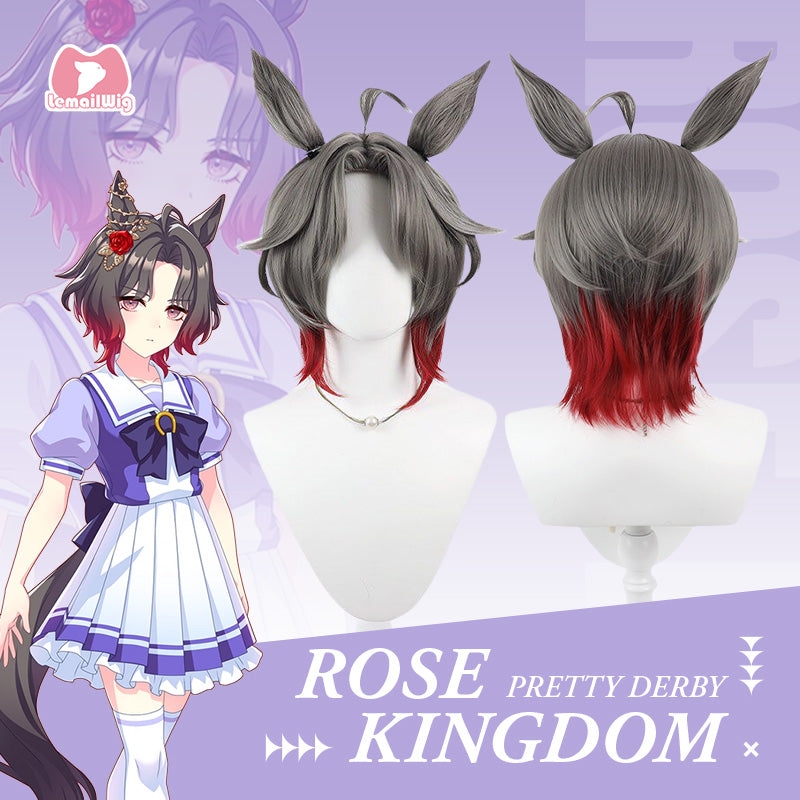 L-email Wig Umamusume: Pretty Derby Rose Kingdom Gray Mixed Red Cosplay Wig Ears Tail