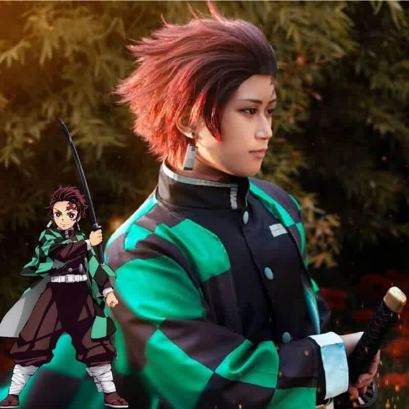 Demon Slayer Kimetsu no Yaiba Tanjirou Kamado Short Wine Red Men Cosplay Wigs - lemailwigs