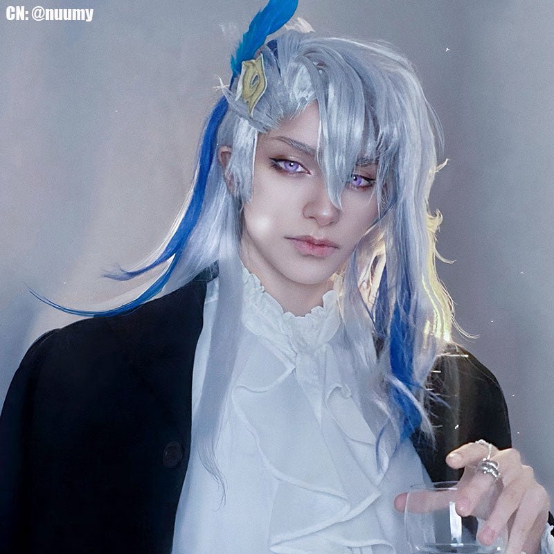 Genshin Impact Fontaine Neuvillette Grey Mixed Blue Cosplay Wig7