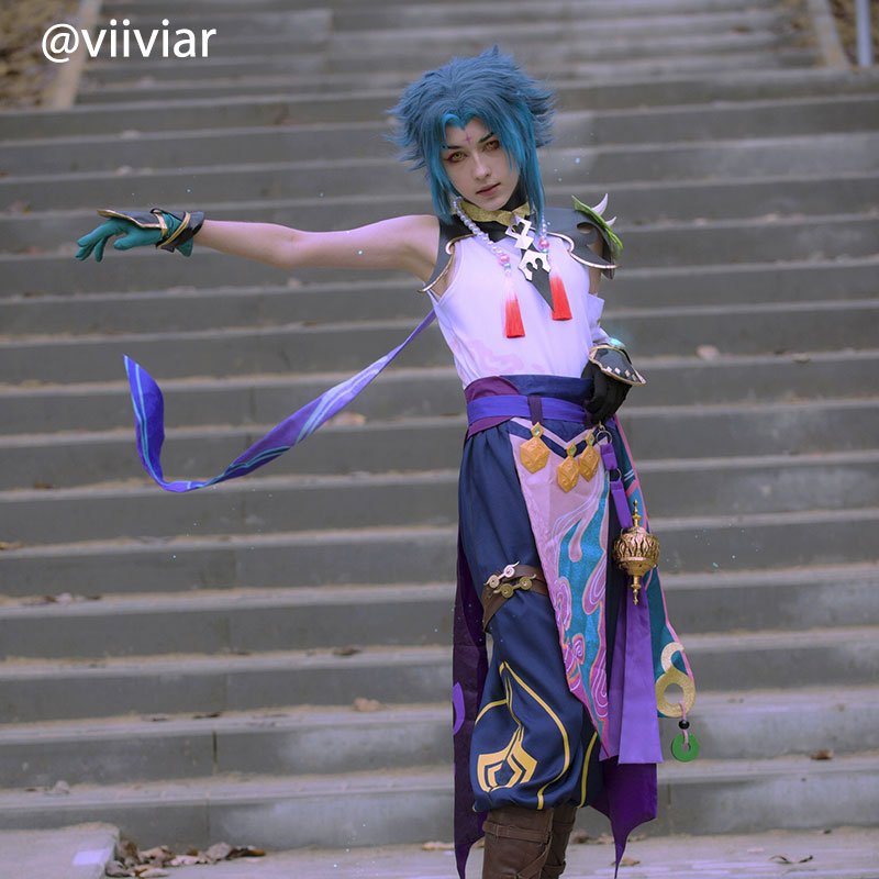 Genshin Impact Mountain Demon Xiao Short Mixed Blue Cosplay Wigs - lemailwigs