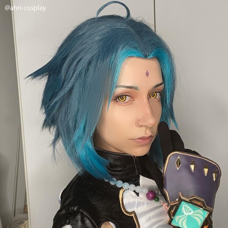 Genshin Impact Mountain Demon Xiao Short Mixed Blue Cosplay Wigs - lemailwigs