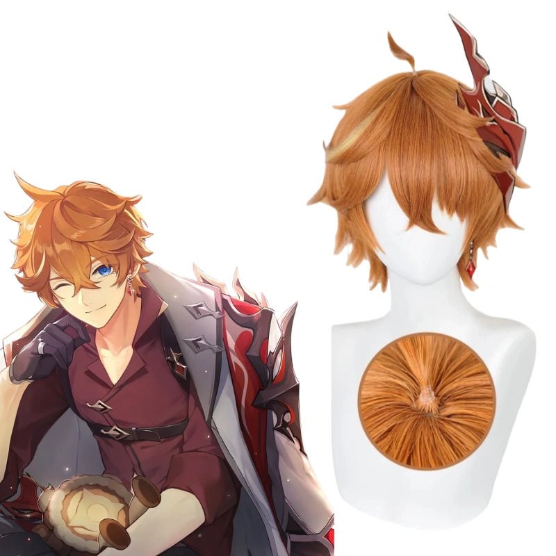 Genshin Impact Tartaglia 30cm Short Brown Men Cosplay Wigs - Orange - lemailwigs