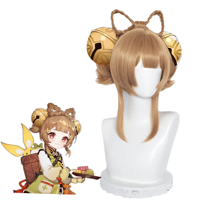 Genshin Impact Yaoyao Short Light Brown Ponytail Cosplay Wigs With Braid Bows - lemailwigs