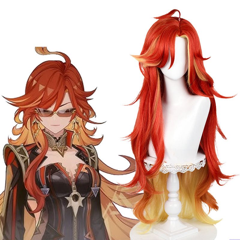 【In stock】Genshin Impact Mavuika Pyro Archon Red Mixed Yellow Long Cosplay Wig - lemailwigs