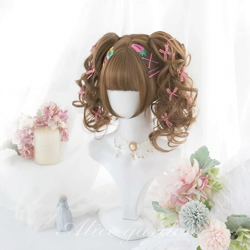 L - email Wig Brown Double Ponytail Curly Lolita Wig - lemailwigs