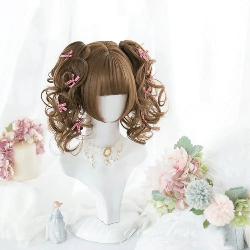 L - email Wig Brown Double Ponytail Curly Lolita Wig - lemailwigs