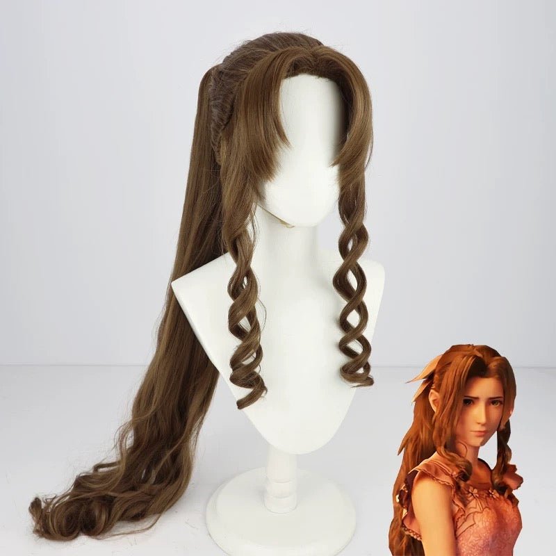 L - email Wig Final Fantasy VII Aerith Gainsborough Brown Curls 85cm Cosplay Wig - lemailwigs