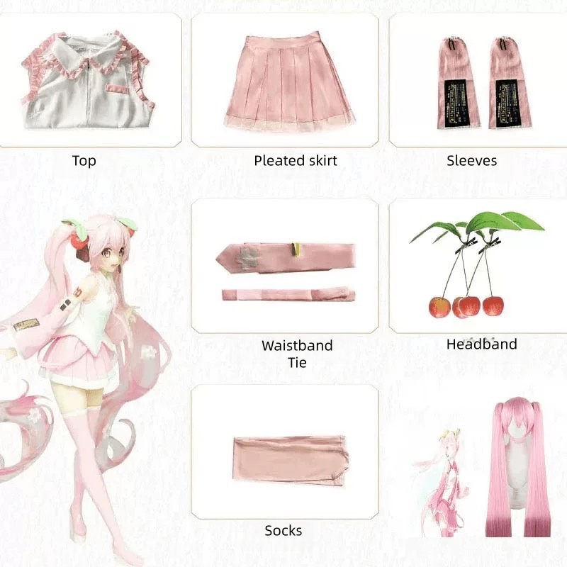 L - email Wig Hatsune Miku Sakura Miku Pink Full Set Halloween Cosplay Costume - lemailwigs