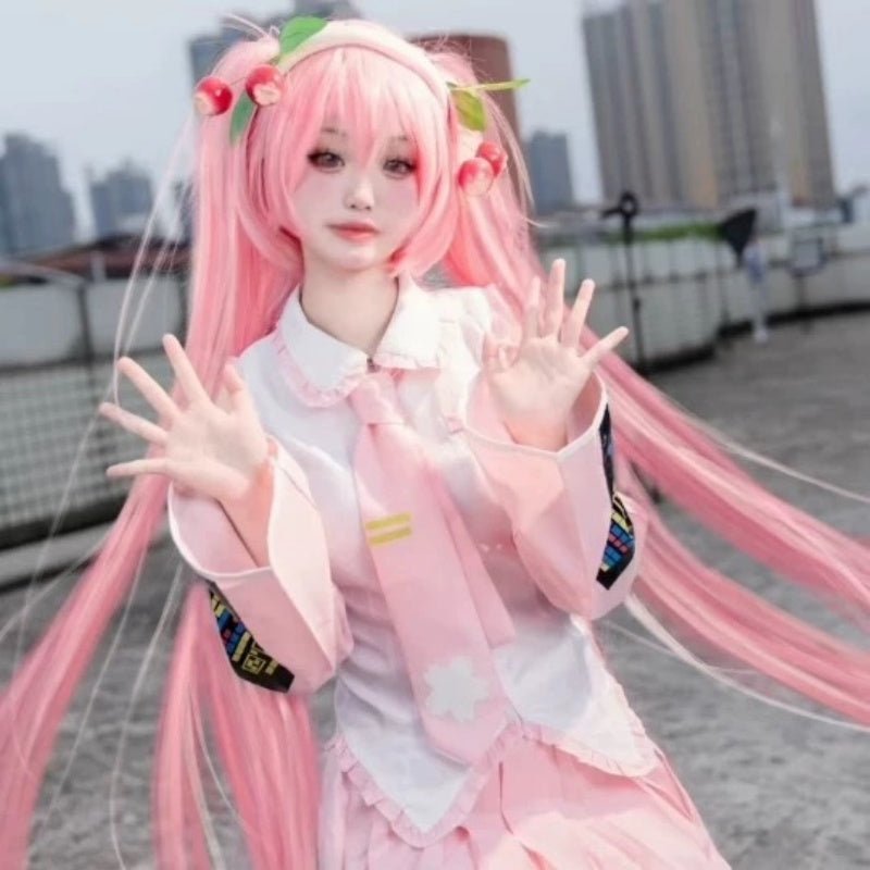 L - email Wig Hatsune Miku Sakura Miku Pink Full Set Halloween Cosplay Costume - lemailwigs