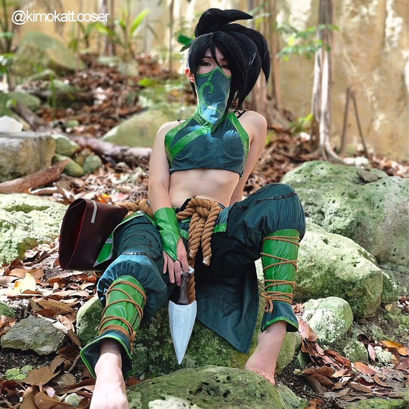 L - email Wig League of Legends LOL The Rogue Assassin Akali Cosplay Costume And Wig Kit - lemailwigs
