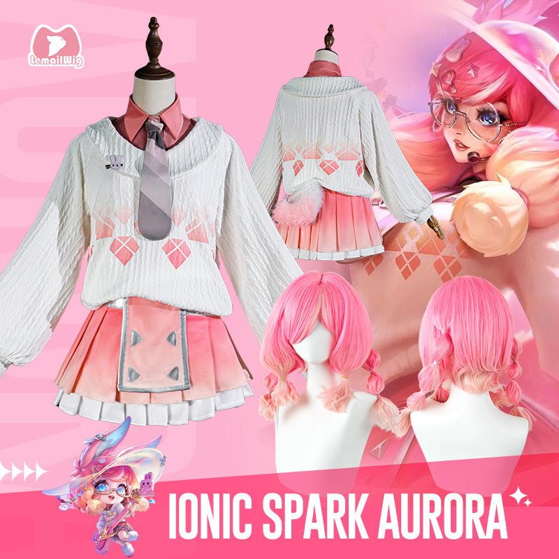 L - email Wig LOL Golden Spatula Ionic Spark Aurora Pink Cosplay Costume Wig Set - lemailwigs