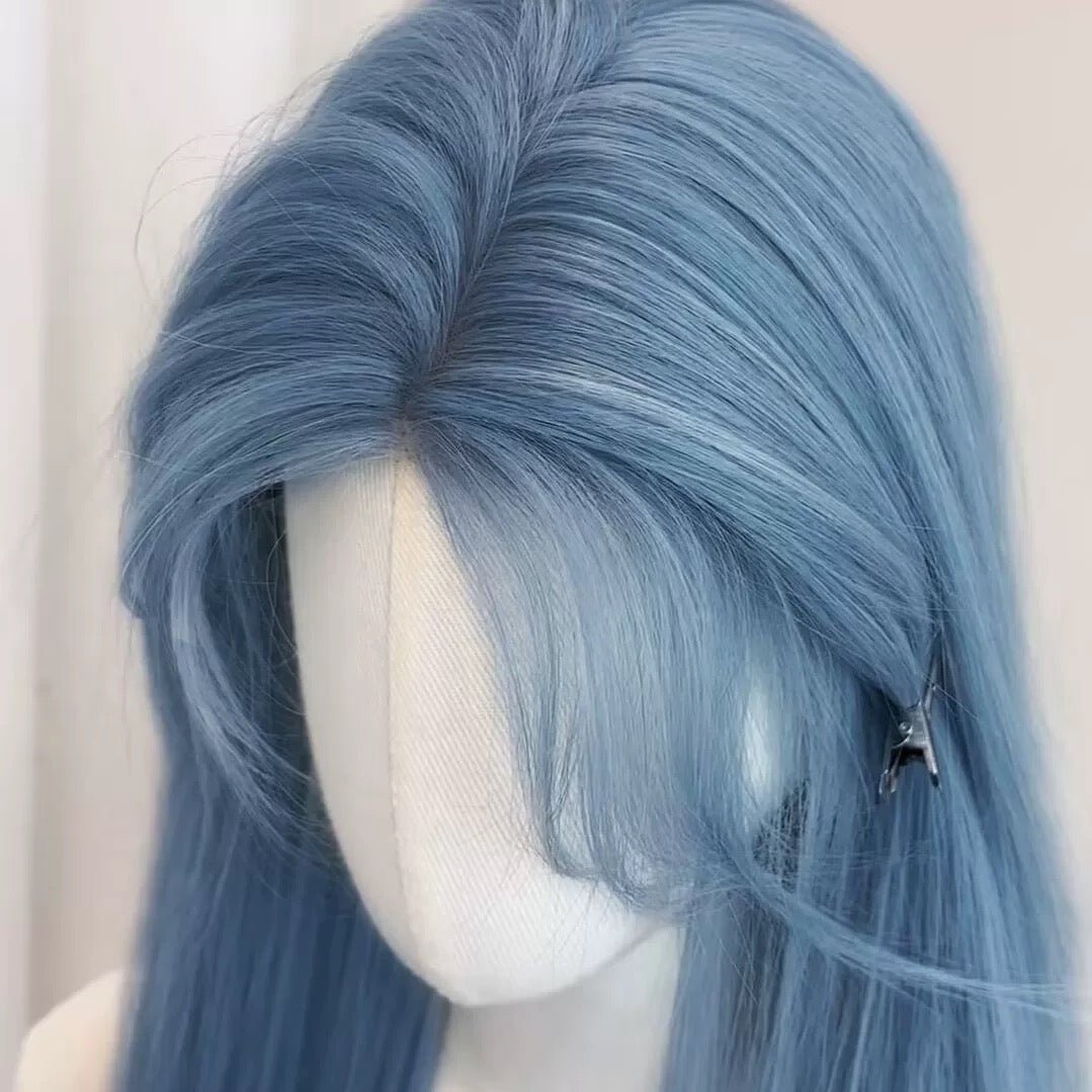 イルメール　ブルーヘア L-email Wig Mist Blue Straight Lace Front 60cm Long Wig – lemailwigs
