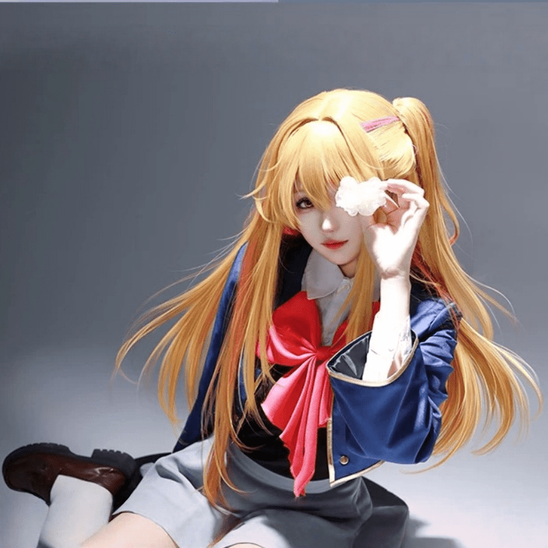 L - email Wig Oshi no Ko Ruby Hoshino Blonde Mixed Red Cosplay Costume And Wig Full Set - lemailwigs