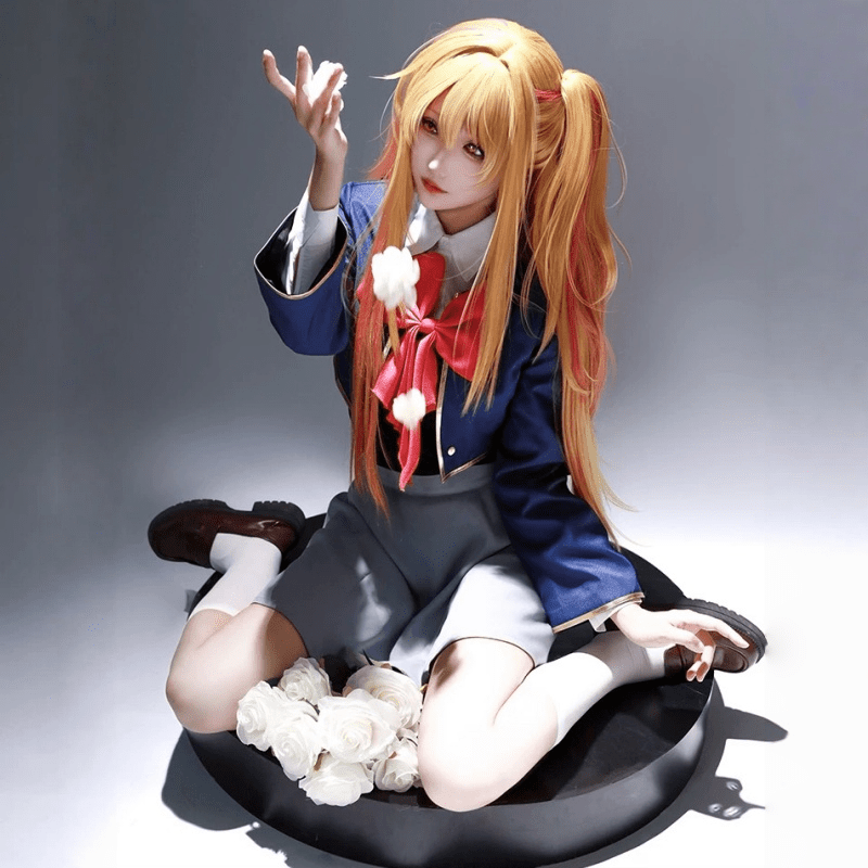 L - email Wig Oshi no Ko Ruby Hoshino Blonde Mixed Red Cosplay Costume And Wig Full Set - lemailwigs