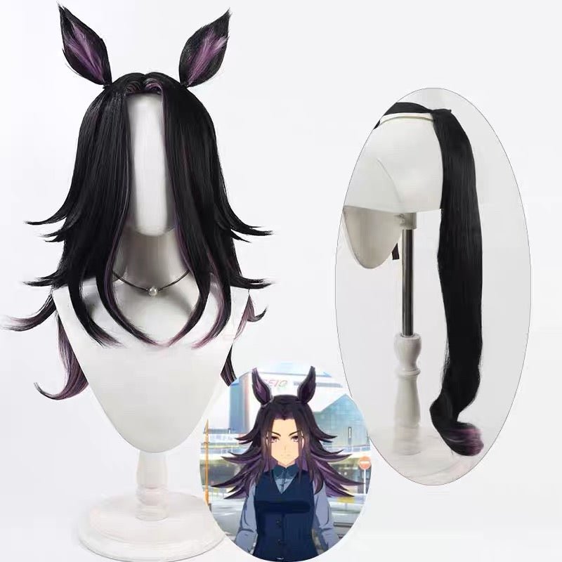 L - email Wig Umamusume: Pretty Derby Fenomeno Black Purple Tail And Ears Halloween Cosplay Wig - lemailwigs