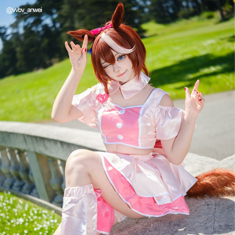 L - email Wig Umamusume:Pretty Derby 4.5th Anniversary Pink Cosplay Costume Wig Tail Set - lemailwigs