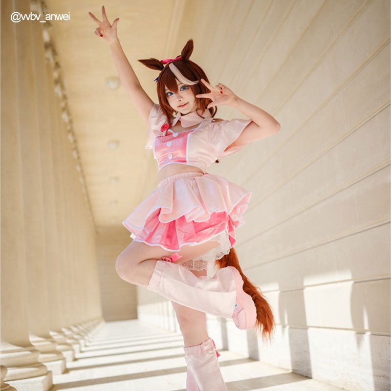 L - email Wig Umamusume:Pretty Derby 4.5th Anniversary Pink Cosplay Costume Wig Tail Set - lemailwigs