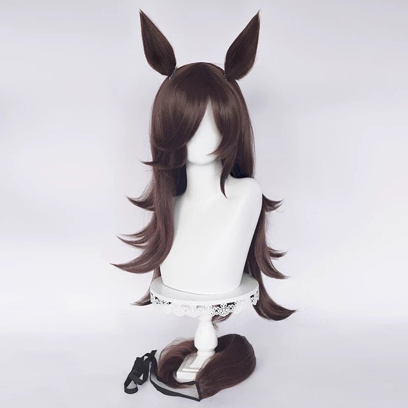L - email Wig Umamusume:Pretty Derby Rice Shower Brown 75cm Cosplay Wig And Tail Ears - lemailwigs