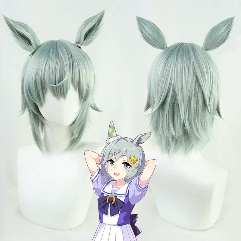 L - email Wig Umamusume:Pretty Derby Seiun Sky Light Green Cosplay Wig Ears And Tail - lemailwigs
