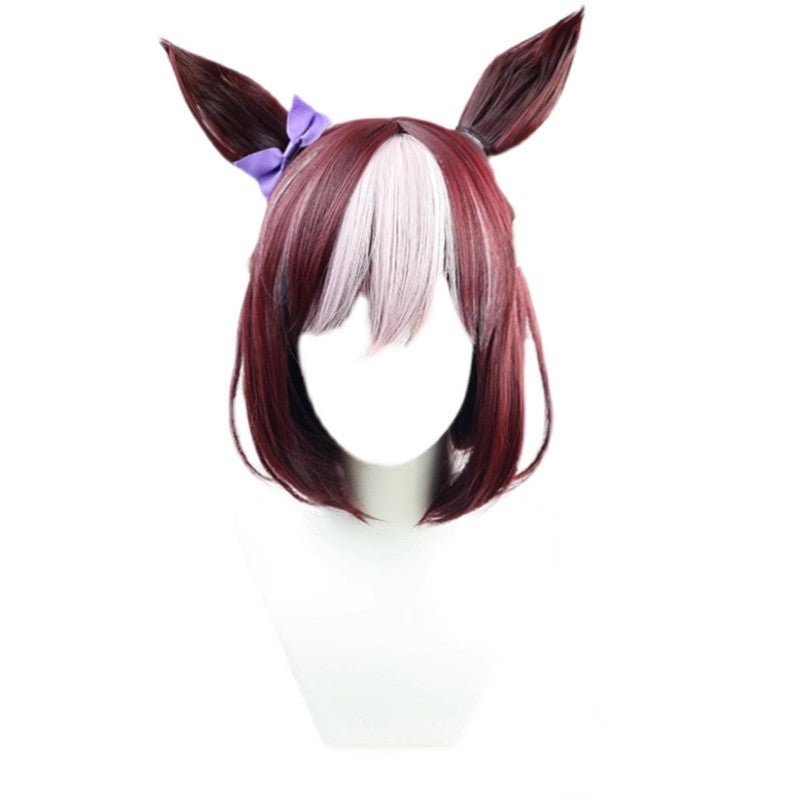 L - email Wig Umamusume:Pretty Derby Special Week Wine red Cosplay Wig And Tail - lemailwigs