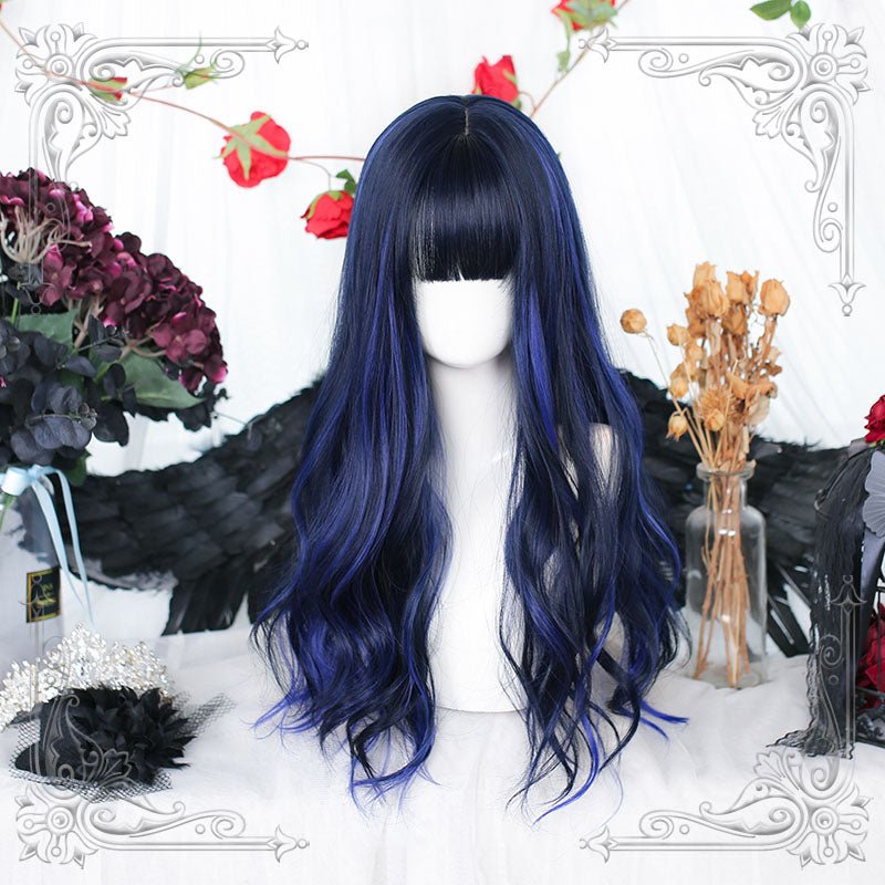 Lolita Black Mixed Blue Long Curly Cosplay Wigs - lemailwigs
